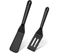 2-Pack Mini Silicone Spatula Set, Heat-Resistant Brownie Cutter and Cookie Turner, Slotted and Solid Blades (Black)