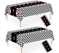 2 Pack Mixed Race Car Tablecloth Racecar Birthday Theme Disposable Party Tablecloths 54 x 108 Inch Black and White Checkered Table Covers Racetrack Rectangular Table Cloth for Birthday Baby Shower
