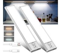 2-Pack Motion Sensor Lights Indoor, Rechargeable Under Cabinet Kitchen Lights, Wireless LED Wardrobe Light with Magnetic Strip, Stick on Cupboard Lights for Stairs, Pantry, Hallway, Cool White