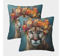 2 Pack Mountain Lion Wearing A Large Flower Crown Square Pillow Cover Cushion Cover 45x45cm Suitable for Sofa Bed Chair,3D Pattern