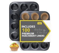 2 Pack Muffin Trays 12 Cup,Includes 100 Cupcake Liners,Muffin Tin Non Stick,Baking Pans Set,Cupcake Tray Carbon Steel Baking Supplies