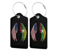 2 Pack Myanmar Myanmarese Burma Burmese America Flag Wings Leather Luggage Tag for Suitcase with ID Label Privacy Cover Address Card Stainless Steel Loop Travel Tags