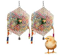 2 Pack Natural Bamboo and Crepe Paper Hanging Shred Activity for Chickens, Parrots, Cockatiels and Conures - Foraging and Pecking Cage Accessory with Bell