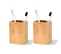 2 Pack Natural Bamboo Toothbrush Holder, Fluted Square Design for Countertop, Multipurpose Pen Holder or Desktop Organizer, Natural