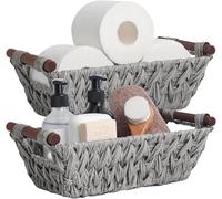 2-Pack Natural Wicker Storage Baskets - Handwoven with Handles, Decorative & Durable for Home Organization (Grey/Silver)