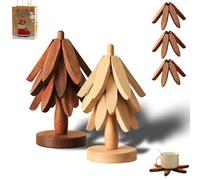 2 Pack Natural Wood Trivet Tree for Hot Dishes, Chrismas Natural Tree Trivet Set, Placemat for Hot Pots and Pans, 3/4/5 Trivets + 1 Stand Stored Set, Foldable Heat Resistant Pad (3Trivets)