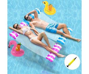2 Pack Netted Lilo Pool Inflatables with 1 Pump and 2 Drink Holder, 4 in 1 Swimming Pool Hammock Floats Water Toys for Adults, Cool Mesh Relaxing Lounger Chair Seat Mattress for Beach Summer Holiday