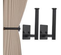 2 Pack No Drill Curtain Holdbacks - Self-Adhesive or Screw-in Metal Curtain Tie Backs with Rustproof SUS304 Steel, Wall Mount Drapery Hooks, Damage-Free Installation for All Curtains (2, Black)