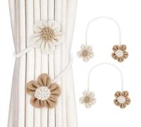 2 Pack No-Drill Curtain Tie Backs, Hand-Woven Bohemian Rope with Flower Design, Adjustable Braided Cotton Holdbacks for Boho Farmhouse & Modern Home Decor (Beige & Brown)