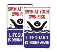 2 Pack No Lifeguard on Duty Sign, 12"x8" Swim at Your Own Risk Sign, Rust Free Reflective Aluminum, Funny Warning Pool Safety Signs, Fade/Weather Resistant, UV Protected, Weatherproof, Easy to Install