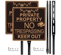 2 Pack No Trespassing Sign Private Property with 52-inch Stakes, 12 x 12 inches Keep Out Warning Surveillance Sign, Reflective Aluminum,Rust&Fade Resistant