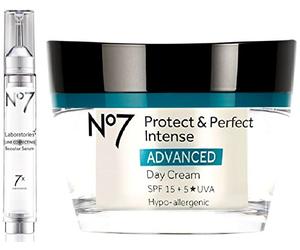 (2 PACK) No7 Laboratories LINE CORRECTING Booster Serum x 15ml & No7 Protect & Perfect Intense ADVANCED Day Cream x 50ml