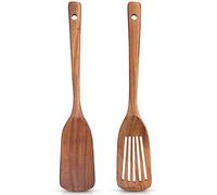 2 Pack Non Toxic Wooden Spatulas for Kitchen Utensils Set Acacia Wood Cooking Spatula Flat Wok Pancake Turner Bamboo Slotted Spoon for Cooking Utensil Spurtle Scraper Long Fish Egg Flipper Spatulas