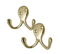 2 Pack of Brass Double Coat Hooks Door & Wall Robe Dress Garment Hangers
