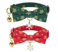 2 Pack of Festive Cat Collar with Bow Tie - Christmas Snowflake Design, Adjustable Cat Neck Strap with Bell & Charm Green and Red