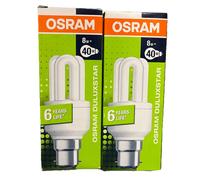 2 PACK OF OSRAM DULUX STAR ENERGY SAVER BULBS B22 8W=40W WARM WHITE LIGHT NEW