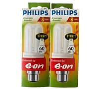 2 Pack Of Philips Energy Saver B22 11W=60W Bayonet Light Bulbs 600 Lumen New