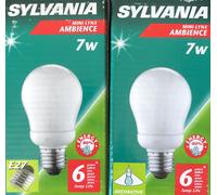 2 PACK OF SYLVANIA MINI LYNX AMBIENCE 7W = 40W E27 BULBS 360 LUMENS 6000H NEW [EEK: A]