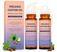 2 Pack Organic Castor Oil Rose Quartz Roller Ball, Castor Oil Roll On Essence with Rose Oil, Nourishing Facial & Body Oil Serum for Skin, Body, Lashes & Brows, Hexane-Free, Amber Glass Bottle for Skin