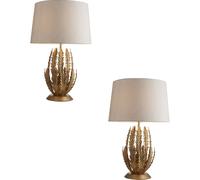 2 PACK Ornate Gold Table Lamp & Ivory Cotton Fabric Shade Decorative Leaf Design