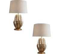 2 PACK Ornate Gold Table Lamp & Ivory Cotton Fabric Shade Decorative Leaf Design Loops Multi One Size