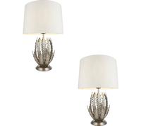 2 PACK Ornate Silver Table Lamp Ivory Cotton Fabric Shade Decorative Leaf Design