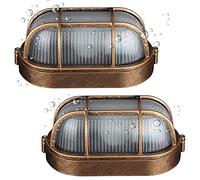 2 Pack Outdoor Oval Bulkhead Wall Lights, Vintage Nautical Exterior Light Fittings, Bronze Aluminium & Frosted Glass, IP44 E27, Wall or Ceiling Mount for Porch Garden Garage, 2 x 5W LED Bulbs Included