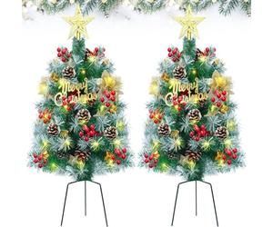 2 Pack Outdoor Pathway Christmas Trees, 69cm Battery Operated Pre-Lit Artificial Xmas Trees with 120 LED Lights, 8 Flash Modes, Pine Trees for Porch Driveway Yard Garden Decor
