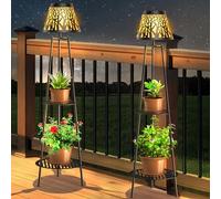 2 Pack Outdoor Solar Floor Lamp with Plant Stand, Waterproof Metal Garden Lights with 2-Tier Shelves, Decorative LED Cordless Patio Lamp for Porch, Deck, Balcony, Yard & Corner Decor (Bronze)