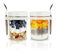 2 Pack Overnight Oats Containers with Lids and Spoons 16 Oz Glass Mason Jars, Vegetable and Fruit Salad Storage Container with Measurement Marks, Glasss Jars for Cereals,Yogurt (Two Color -2Pack)