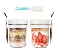 2 Pack Overnight Oats Containers with Lids and Spoons Glass Mason Jars 10 oz Airtight Breakfast Jars with Measurement Marks, Cereals, Milk, Fruit Salad （White）