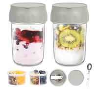 2 Pack Overnight Oats Jar Containers with Lids, Folding Spoons and Divided Compartments for Fruit & Nuts, Reusable 16oz Containers for Snack for Oatmeal, Chia Pudding, Yogurt, Salad, Parfait Cups