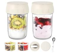 2 Pack Overnight Oats Jar Containers with Lids, Folding Spoons and Divided Compartments for Fruit & Nuts, Reusable 16oz Containers for Snack for Oatmeal, Chia Pudding, Yogurt, Salad, Parfait Cups