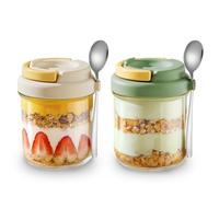 2 Pack Overnight Oats Jars, Overnight Oats Container with Lid and Spoon, Airtight Breakfast Jar, 14 Oz Glass Porridge Container to Go for oat, Pudding, Milk, Cereal, Fruit, Yogurt, Salad, Vegetable