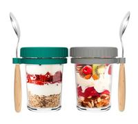 2 Pack Overnight Oats Jars with Lids and Spoon, 350ml Airtight Breakfast Jars with Measurement Marks, 12oz Chia Seed Pudding Container for Salads Cereal Cereal Milk Porridge Fruit Yogurt, Grey& Green
