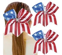 2 Pack Patriotic Glitter Hair Bows for Girls - 8 Inch 4th of July American Flag Ribbon Hair Ties, Ponytail Holders for Independence Day Party, Cheerleading & Summer Hair Accessories (Red White Blue)