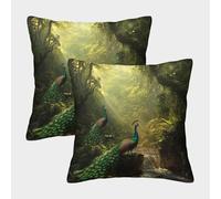 2 Pack Peacock Luxury Digital Printed Soft 3D Sunrise in The Deep Forest Themed Square Cushion Cover 50x50cm