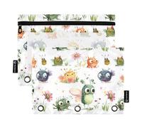 2 Pack Pencil Pouches 3 Rings Binder Pen Holder Case with Clear Window Zipper Pen Bag for Office Classroom School Supplies Cartoon Sweet Aliens White