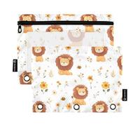 2 Pack pencil pouches Fits Standard 3-Rings Binders Clear Window Stationery Case Zipper Pen Case for School Office Class Cartoon Cute Lion White