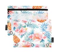 2 Pack pencil poucheses for 3 Rings Binder Pen Holder Case with Clear Window Binder Pen Case with Zipper for Children Home Travel Storage Container Sliced Pineapple and Flowers Watercolor