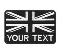 2-Pack Personalised British Union Flag Patches with Custom Text - Black Tactical Embroidered Applique Hook & Loop/Iron-On Backing for Military Uniforms & Casual Wear (White)