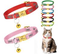 2 Pack Personalised Cat Collar with Custom Engraved Name Tag Quick Release Metal Buckle Reflective Kitten Collar with Bell Adjustable 19-29cm for Boys and Girls (Red+Pink)