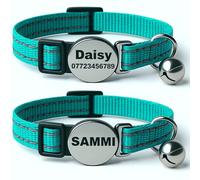 2-Pack Personalised Cat Collar with Name & Phone Number - Reflective, Adjustable, Breakaway Safety Buckle - Custom Kitten Collar Set for Boys & Girls,Turquoise