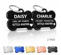 2-Pack Personalised Dog & Cat ID Tags - Custom Engraved Bone Tags, Front & Back Engraving, Two Pets Two Names, Stainless Steel (Bone, Small, Black)