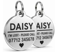 2 Pack Personalised Pet ID Tags - Engraved Dog & Cat Name Tag, Durable Stainless Steel, Clear Easy-Read Text, Secure Split Ring (Silver, Small (20cm))