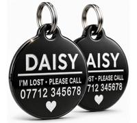 2 Pack Personalised Pet ID Tags - Engraved Dog & Cat Name Tag, Durable Stainless Steel, Clear Easy-Read Text, Secure Split Ring (Black, Small (20cm))