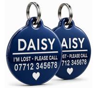 2 Pack Personalised Pet ID Tags - Engraved Dog & Cat Name Tag, Durable Stainless Steel, Clear Easy-Read Text, Secure Split Ring (Blue, Large (20 mm))