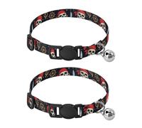 2 Pack Pet Collar Pirate Skulls Anchors Black Kitten Collar with Bell, Adjustable Length 10.6" to 17.1"