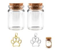 2 Pack Pet Hair Memorial Bottle with Pawprint Charm, Small Glass Vial with Cork, Pet Fur Hair Keepsake Bottles for Cat Dog Hair Ashes Loss Gift for Preserve Small Mammals Precious Memories (30ml)