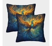 2 Pack Phoenix Spreads Wings Square Pillow Cover Cushion Cover 45x45cm Suitable for Sofa Bed Chair,3D Blue And Gold Flames Pattern